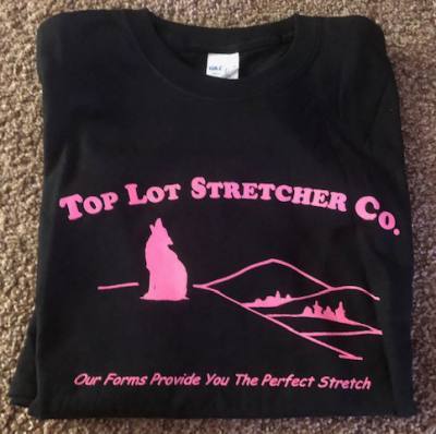 Top Lot Stretcher Co. T-shirt - Black w/pink lettering - Small